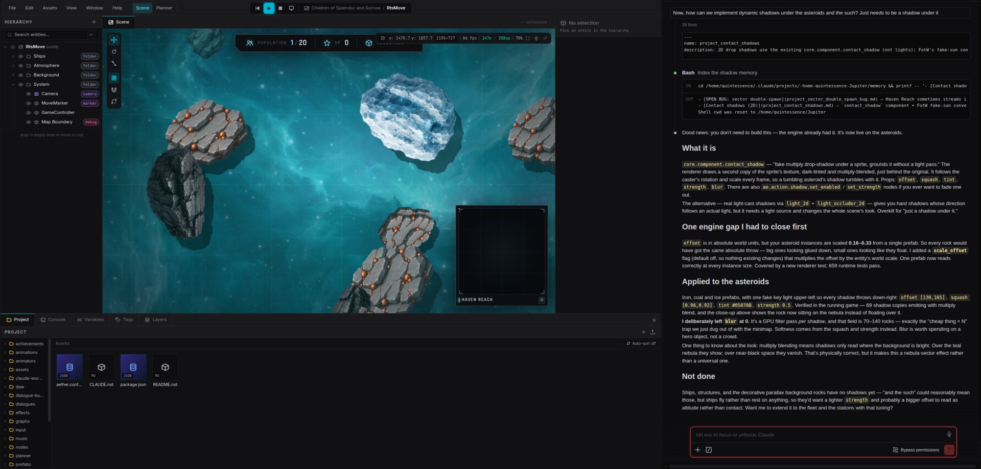 The Jupiter editor — scene view, hierarchy, project browser, and the AI copilot panel